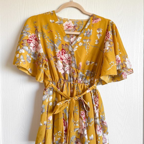 Chicwish Mustard Floral Wrap Top, Size S-M - Picture 2 of 3